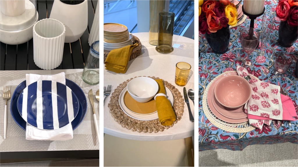 Examples of pink, blue, and yellow colour schemes for table decor