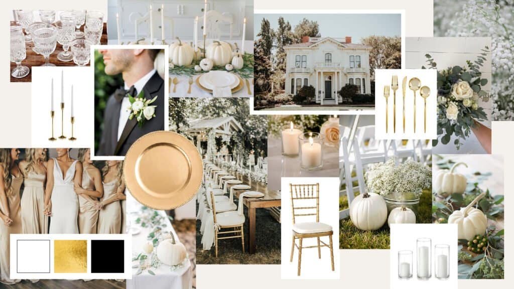 Mood board for timeless all-white wedding inspiration