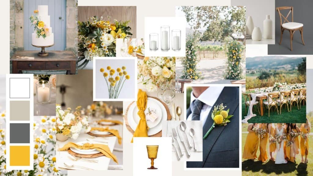 Mood board for warm yellow wedding  inspiration.