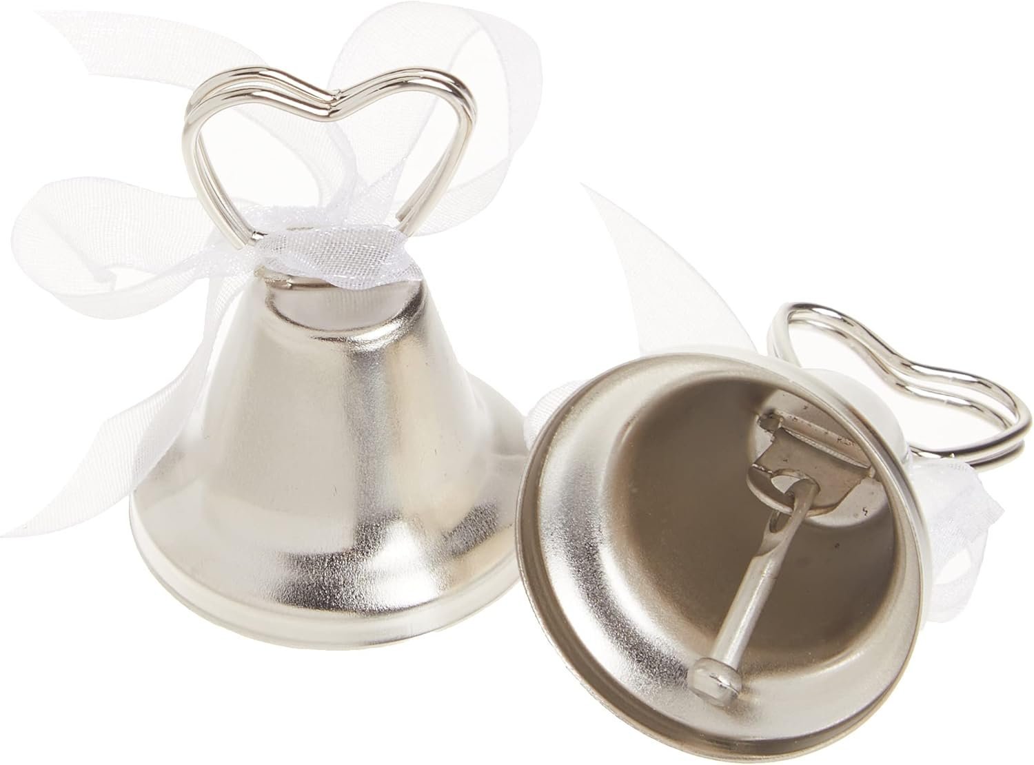 Two silver bell wedding place card holders with a white ribbon